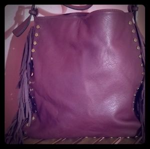 Burgundy gold studded fringe hobo bag